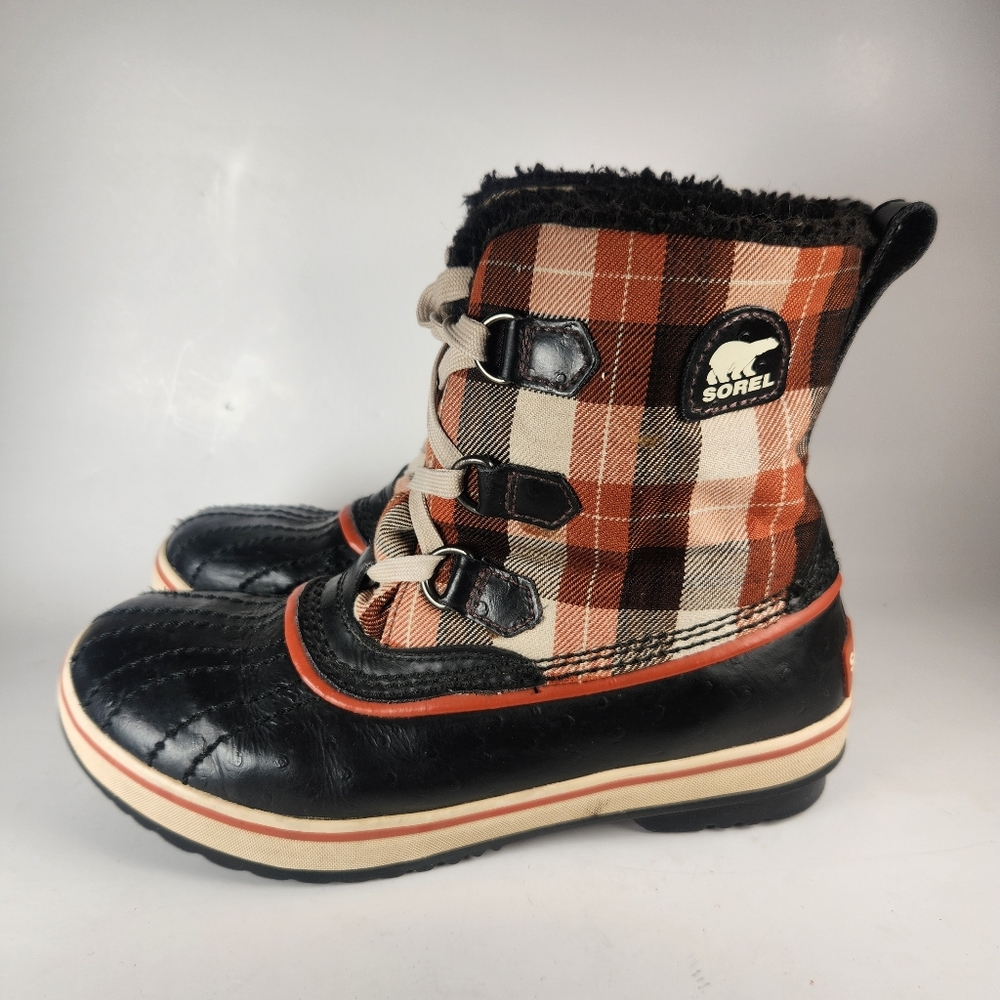 SOREL Tivoli Kids Boot Size 3 Plaid Red Black Leather Snow Outdoor Rubber Sole - Picture 11 of 12